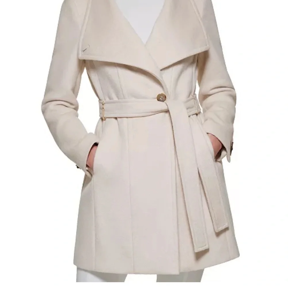 Calvin Klein Cream Belted Wrap Coat - Picture 1 of 5